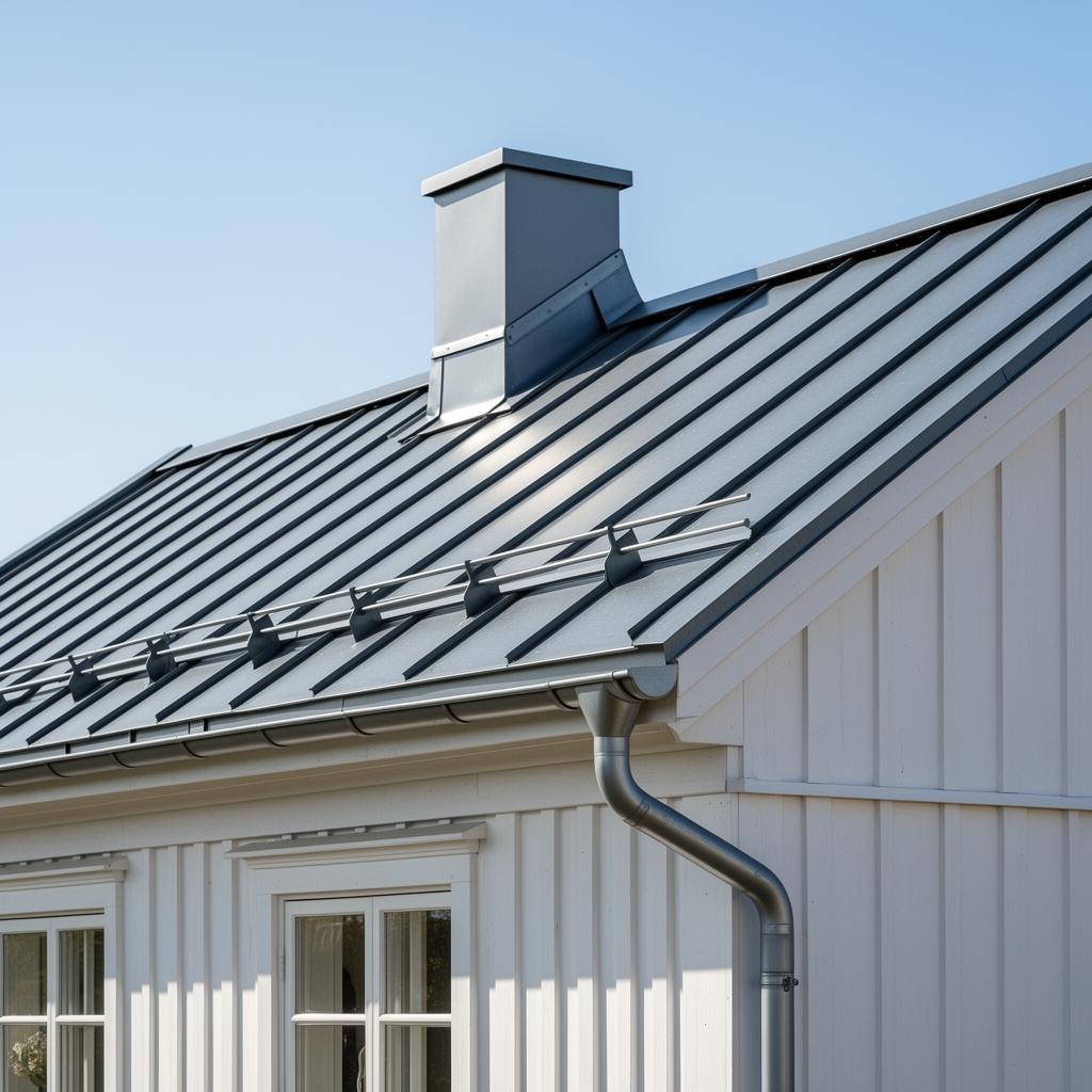Plåttak med skorstensbeslag och hängränna på villa i Skåne