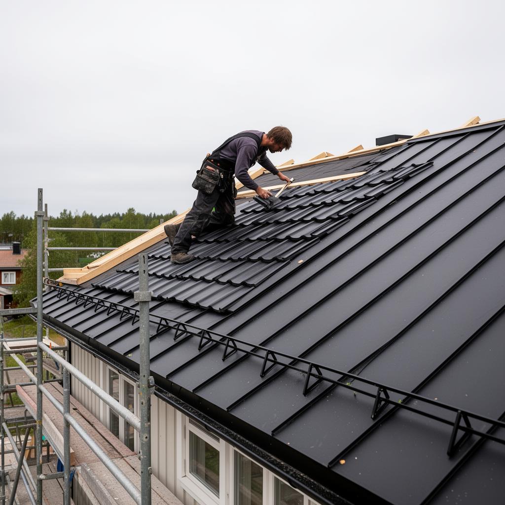Plåtslagare lägger nytt svart plåttak