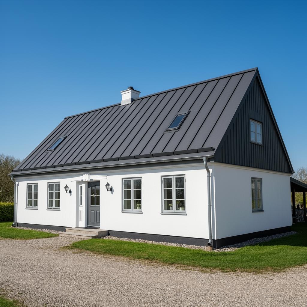 Renoverad gård med nytt mörkgrått plåttak